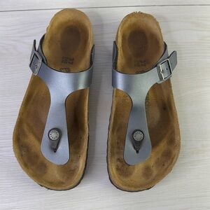 Birkenstock Gizeh Thong Sandal Ice Pearl Onyx Metallic Blue Sz EU 37  Womens